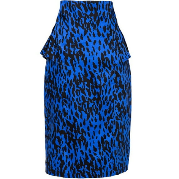 High waist blue leopard retro lotus leaf pencil skirts
