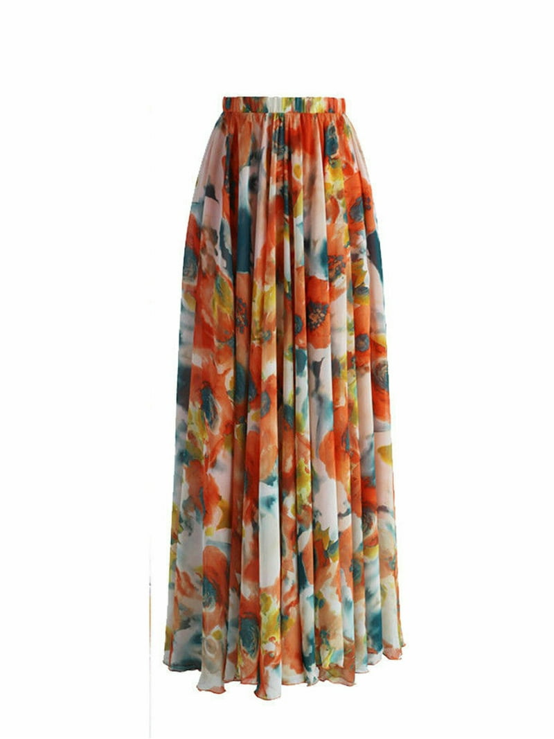 HIRIGIN Bohemian High Waist Chiffon Maxi Skirt, Floral Print Beach