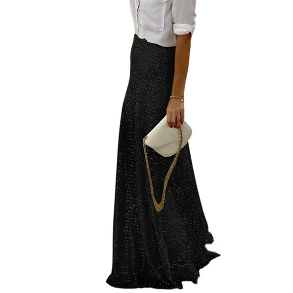 High-waisted Maxi Skirt Women Maxi Skirt Elastic High Waist Shiny Sequins Long Skirt for Parties Weddings Clubs Solid Color Versatile Comfortable