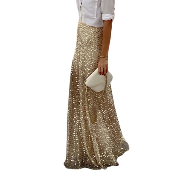 High-waisted Maxi Skirt Women Maxi Skirt Elastic High Waist Shiny Sequins Long Skirt for Parties Weddings Clubs Solid Color Versatile Comfortable