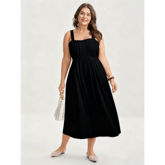 High-waisted, full-skirted, midi dress with pleated pockets, perfect for a vacation.