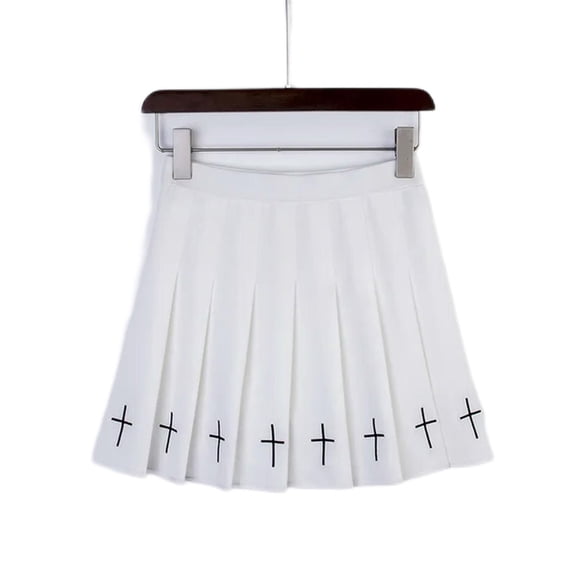 High waisted pleated skirt with chain skirt fairy cross print streetwear-white-XL