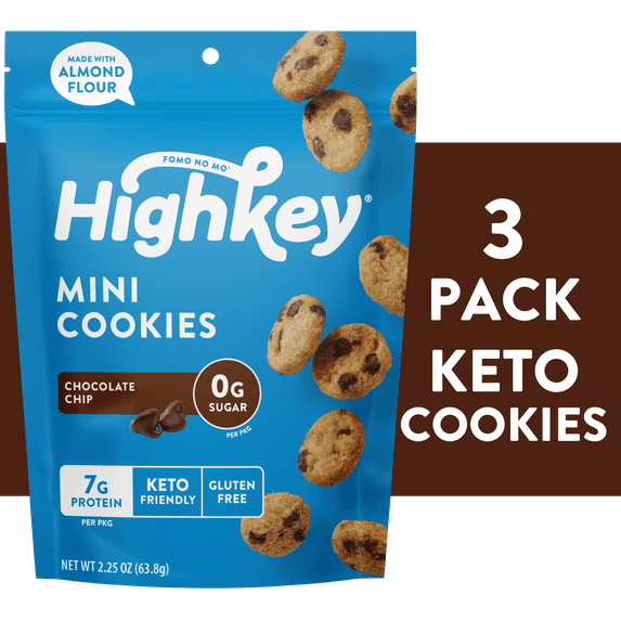 HighKey Sugar Free Chocolate Chip Cookies - 3 Pack Keto Snacks Gluten Free Snacks