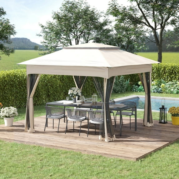 HighSound 11' x 11' Pop Up Canopy, Outdoor Patio Gazebo Shelter with Removable Zipper Netting, Instant Event Tent with 121 sq.ft Shade and Carry Bag for Backyard, Garden, Base 10x10, Beige