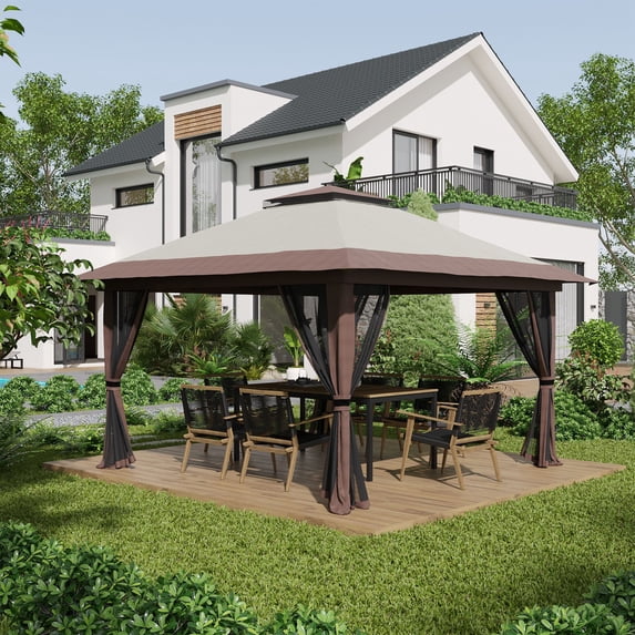 HighSound 13' x 13' Pop Up Gazebo with Netting, Instant Canopy Tent Shelter with 2-Tier Roof, Wheeled Carry Bag, Water/Sand Bags for Outdoor, Garden, Parties, Beige
