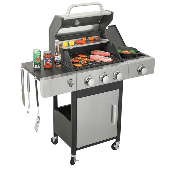 HighSound 3 Burner BBQ Propane Gas Grill with Side Burner, Stainless Steel 37230 BTU Patio Garden Barbecue Grill with Porcelain-Enameled Cast Iron Grates, Black