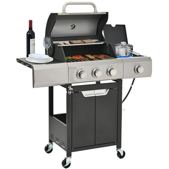 HighSound 3-Burner Propane Gas BBQ Grill with Side Burner & Rain Cover, 40500 BTUs Output Stainless Steel Grill for Outdoor Cooking Kitchen and Patio Backyard Barbecue, Black & Silver
