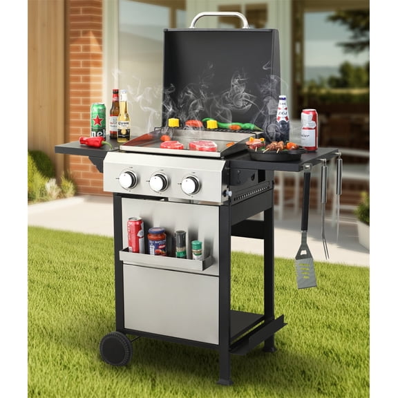 HighSound 3-Burner Propane Gas Grill, 36900 BTU Patio Garden Barbecue Grill with Stainless Steel Tray, Wire Enamel Cooking Grids & Foldable Shelves, Black