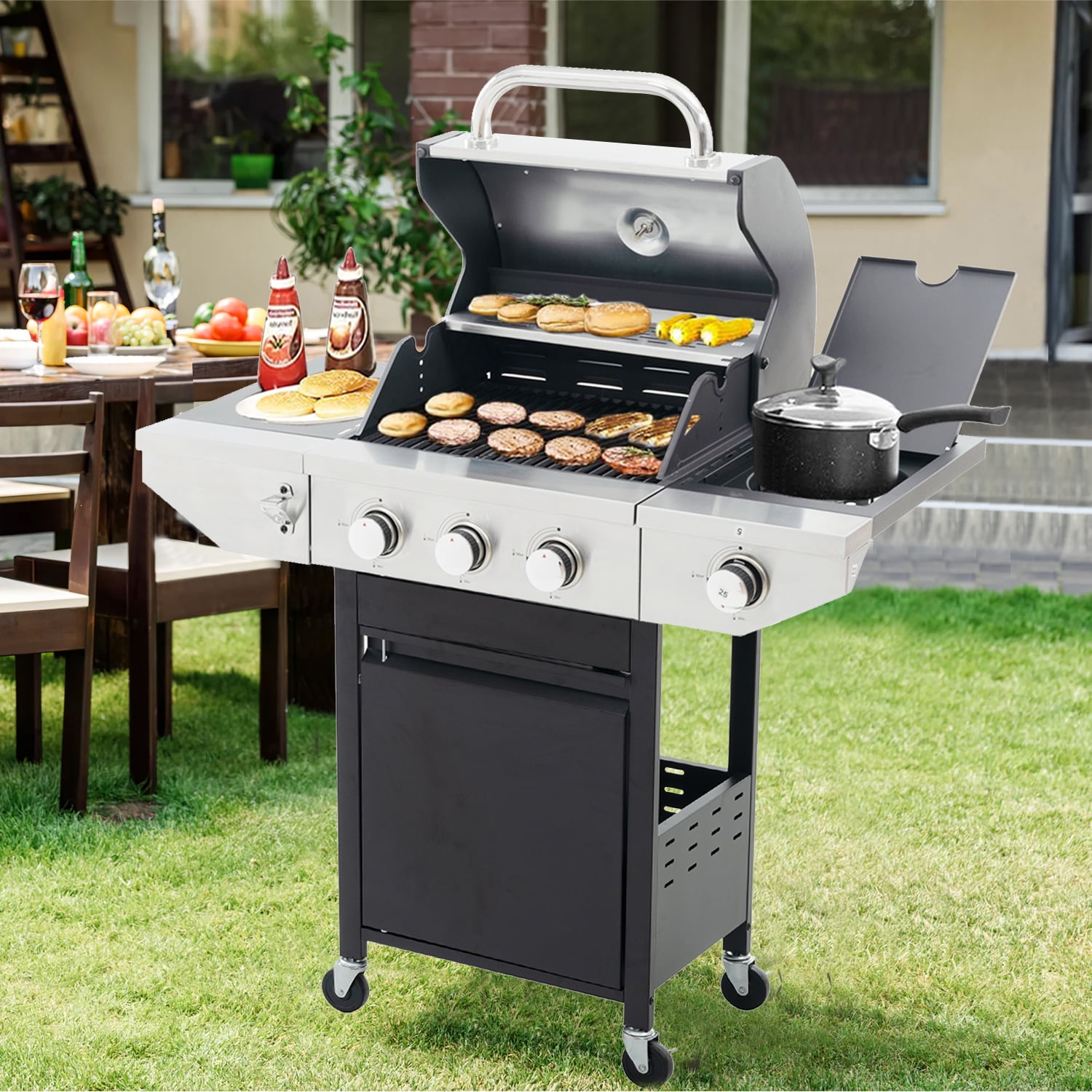 HighSound 3 Burner Propane Gas Grill, 37150 BTUs Stainless Steel Patio  Garden Barbecue Grill with 2 Foldable Side Burner & Thermometer, Perfect  for