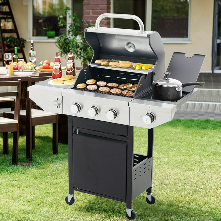 Liquid Propane Gas Grill, Stainless Steel BBQ Grill High Performance 3  Burners with Side Burner, 48,000 BTU Cart Style Perfect Patio Garden Picnic