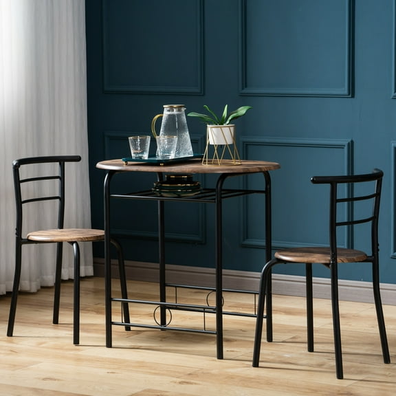 HighSound 3 Piece Bar Table Set, Modern Round Breakfast Table with Chairs & Metal Shelf for 2 Kitchen Counter Height Wood Top Bistro for Breakfast Nook Living Room Small Space Restaurant, Rustic