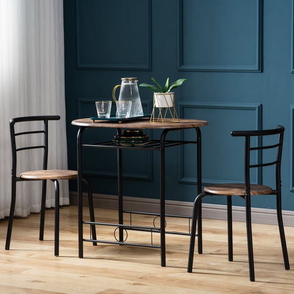 HighSound 3 Piece Bar Table Set, Modern Round Breakfast Table with Chairs & Metal Shelf for 2 Kitchen Counter Height Wood Top Bistro for Breakfast Nook Living Room Small Space Restaurant, Rustic