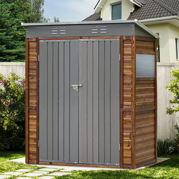 HighSound 3x5 FT Outdoor Storage Shed with Lockable Sliding Doors, Wood Heavy-Duty Metal Tool Shed, Waterproof and Anti-Corrosion, Air Vents for Garden, Backyard, Patio, and Lawn