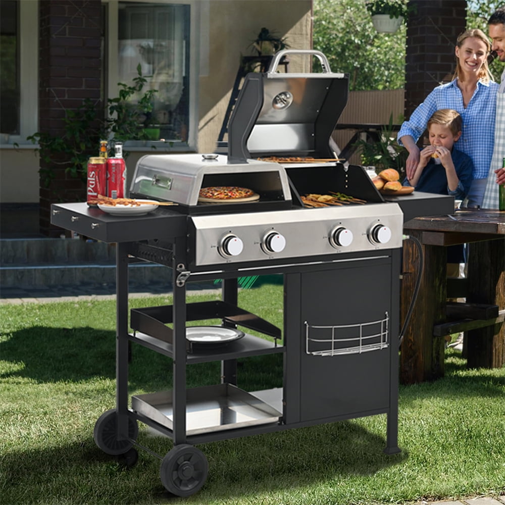 HighSound 3 in 1 Pizza Griddle Grill Combo 4 Burner Propane Gas Grill for Outdoor BBQ Frying Pizza Making Patio Backyard Barbecue 49200 BTU