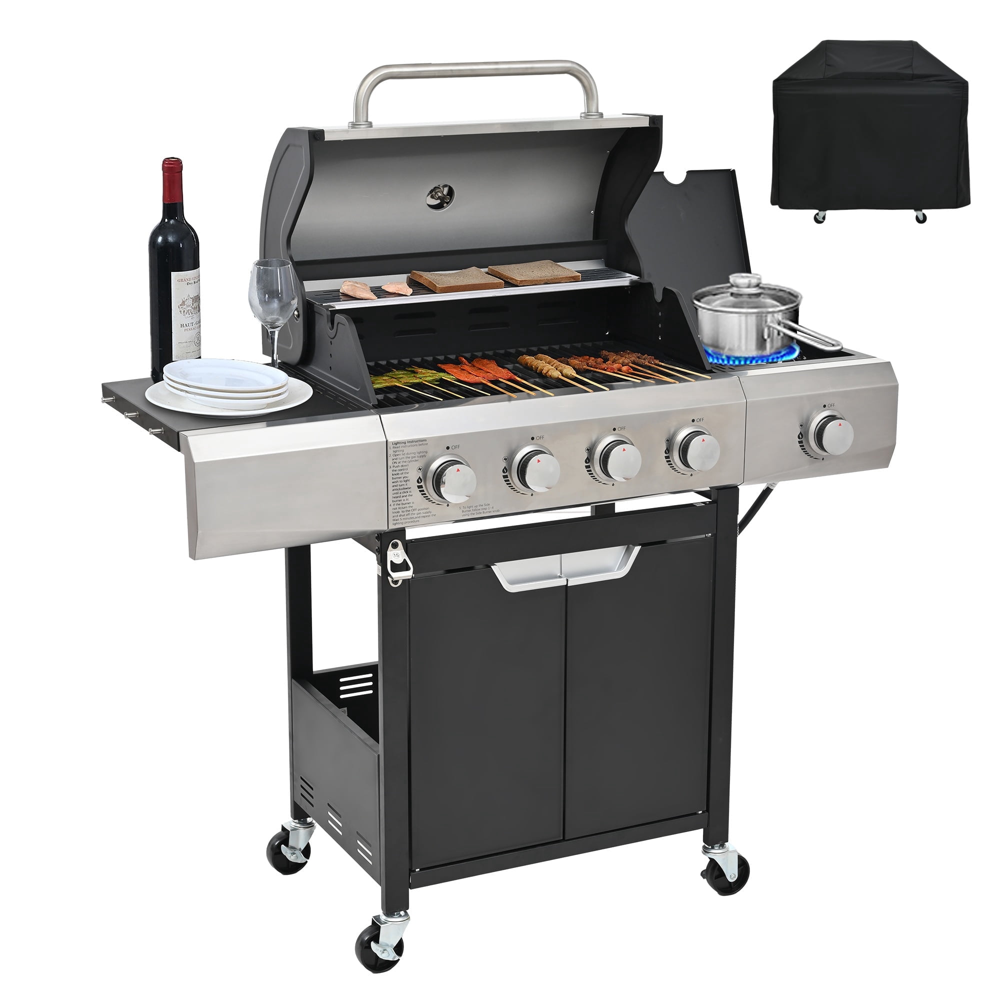 HighSound 4 Burner Propane Gas BBQ Grill with Side Burner & Porcelain-Enameled Cast Iron Grates, 46700 BTU Output Stainless Steel Grill for Outdoor Cooking Kitchen and Patio Backyard