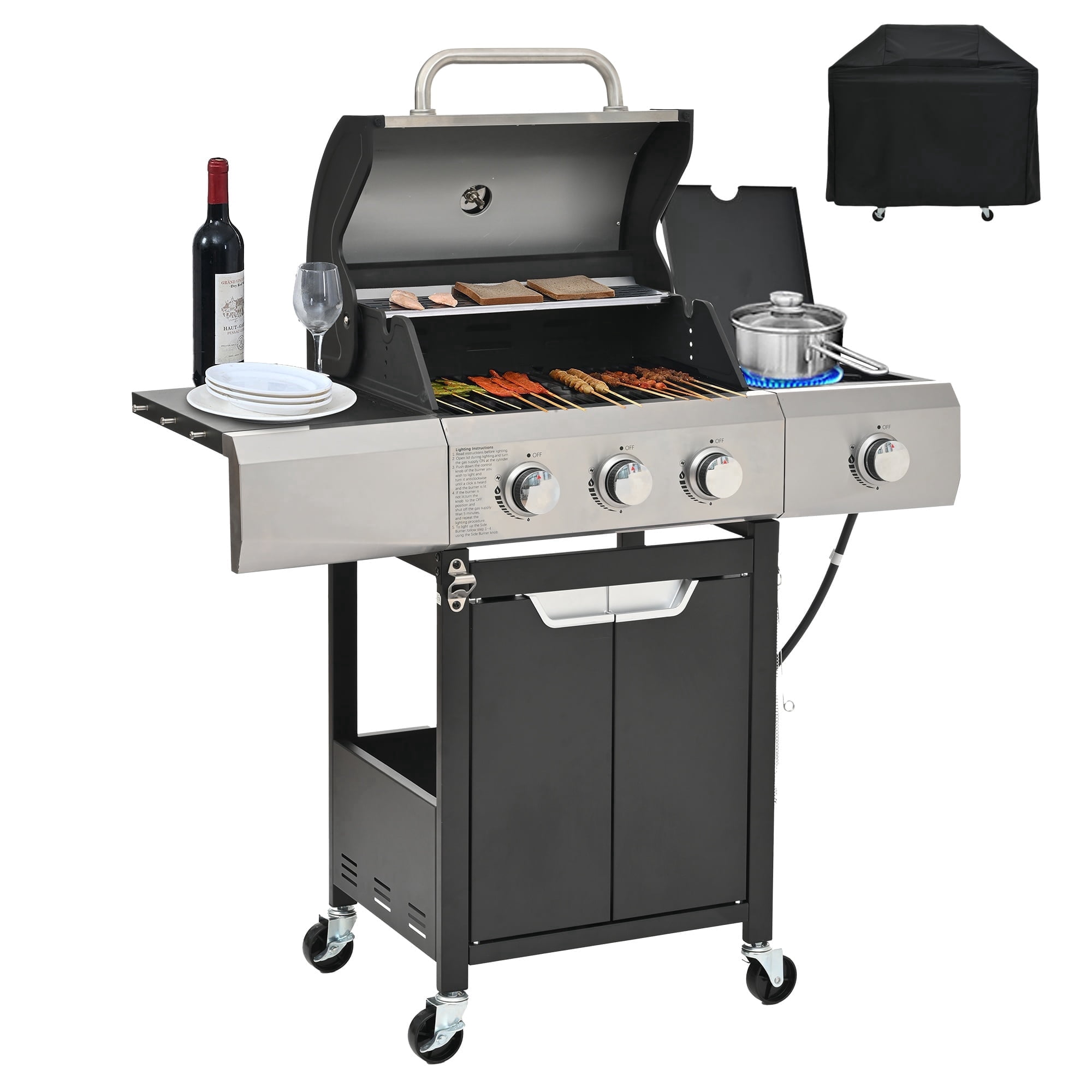HighSound 3-Burner Propane Gas Grill with Side Burner & Waterproof Cover, 40500 BTU Output Stainless Steel Grill for Outdoor Cooking Kitchen and Patio Backyard Barbecue, Black & Silver