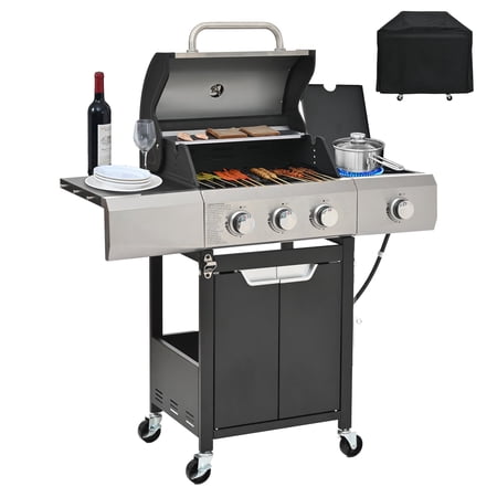 HighSound 3-Burner Propane Gas Grill with Side Burner & Waterproof Cover, 40500 BTU Output Stainless Steel Grill for Outdoor Cooking Kitchen and Patio Backyard Barbecue, Black & Silver