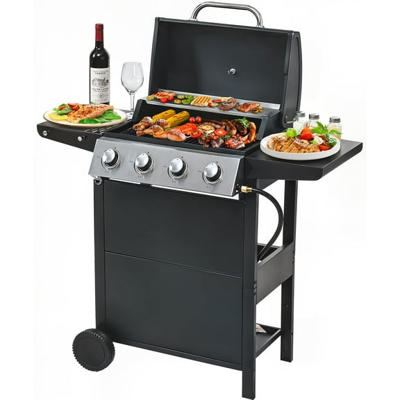 Highsound 4-Burner Propane Gas Grill, 34,000 BTU Stainless Steel BBQ Grill with Thermometer & Locking Wheels, Outdoor Portable Grill for Patio & Garden, Black