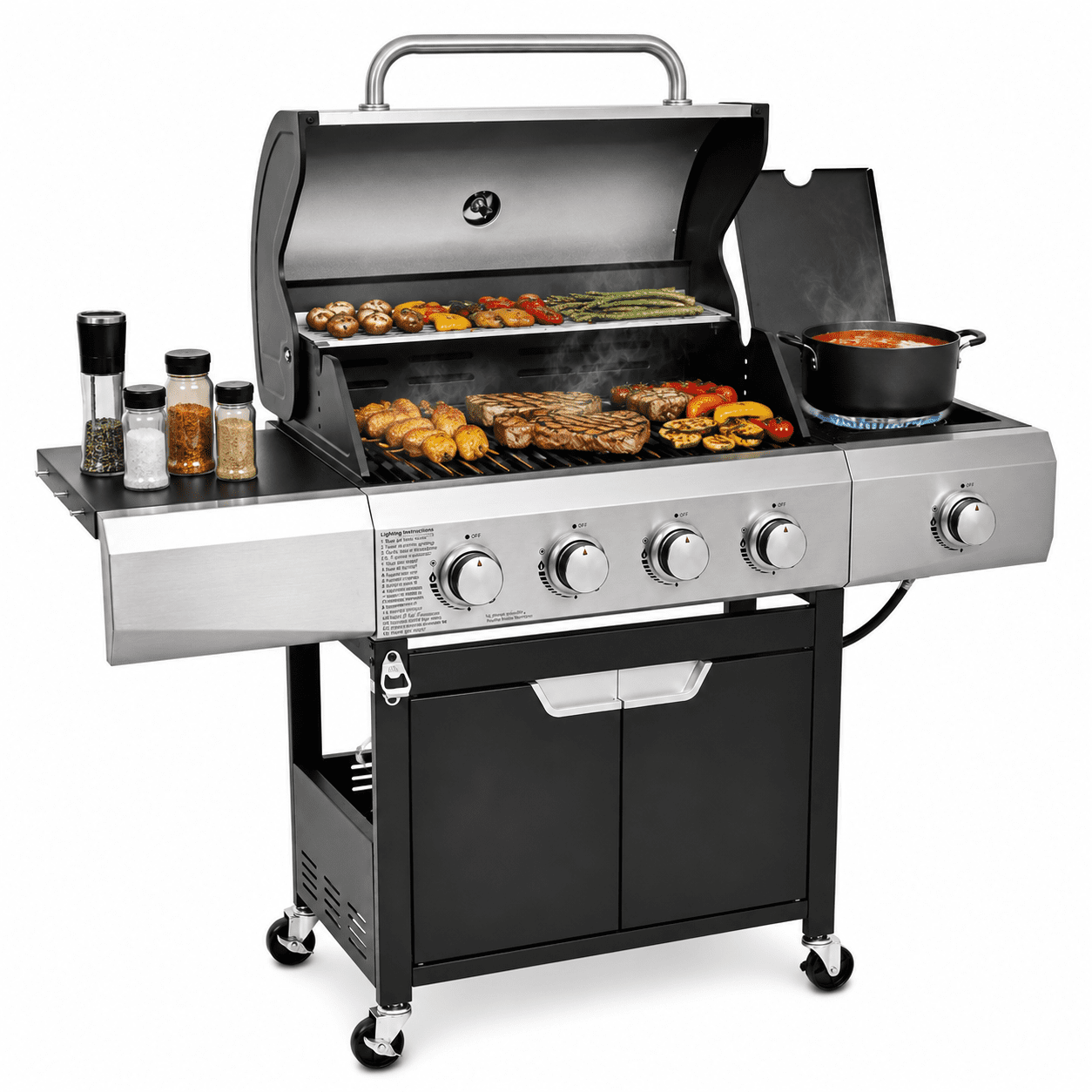 Highsound 4-Burner Propane Gas Grill with Side Burner, 51,000 BTU Outdoor Barbecue Grill, Stainless Steel BBQ Grill for Backyard Cooking, Black