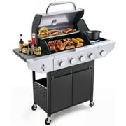 Highsound 4-Burner Gas Grill with Side Burner, 46,500 BTU Stainless Steel BBQ Grill for Outdoor Cooking, Black