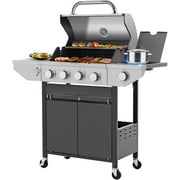 HighSound 4-Burner Propane Gas Grill with Side Burner, 46700 BTU Porcelain-Enameled Cast Iron Grates Outdoor Cooking Stainless Steel BBQ Grills Cabinet, Black