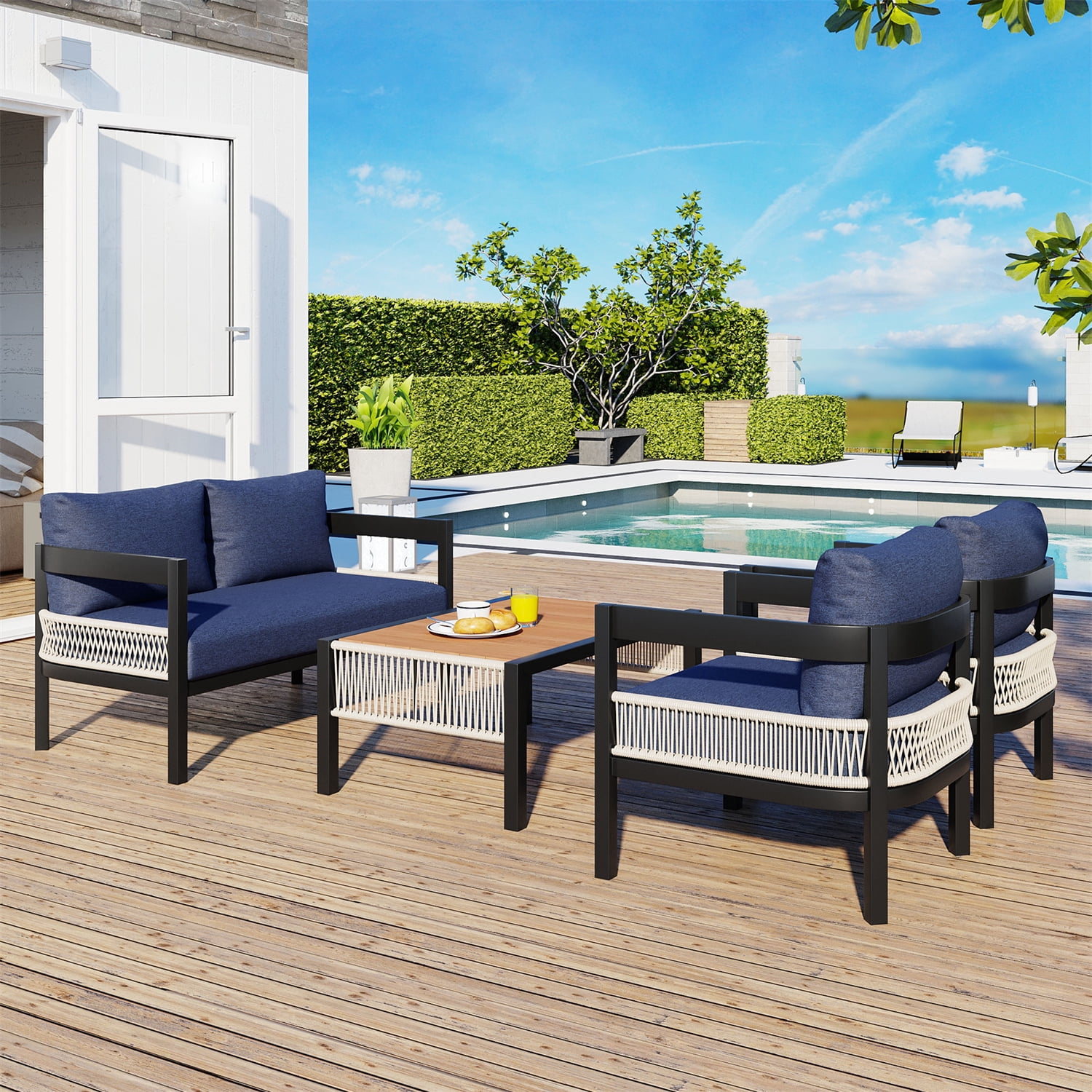 YIORTWO 4-Piece Outdoor Seating Set, All-Weather Patio Furniture with Table & PE Wicker, for Garden, Lawn, Poolside, Navy