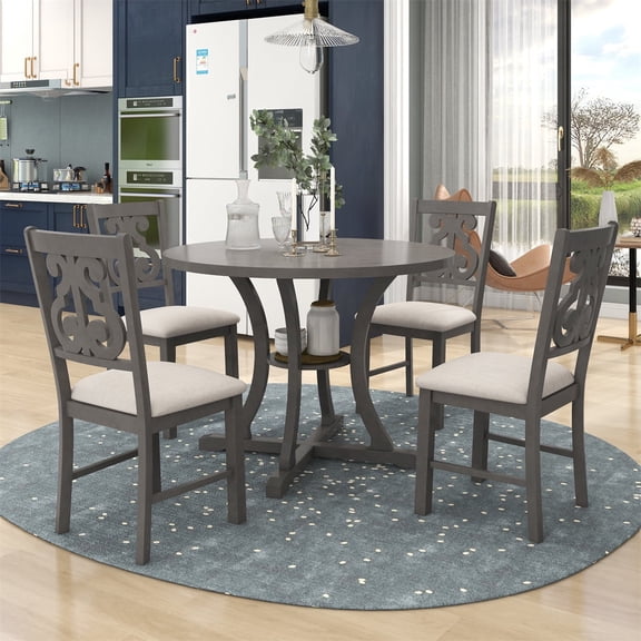 HighSound 5-Piece Round Dining Table Set for 4, Retro Wood Kitchen Table with 4 Upholstered Dining Room Chairs, Gray