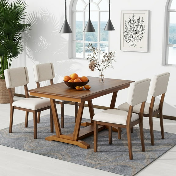HighSound 5-piece Dining Table Set with 4 Upholstered Chairs, 59-inch Rectangular Dining Table with Trestle Table Base, Walnut