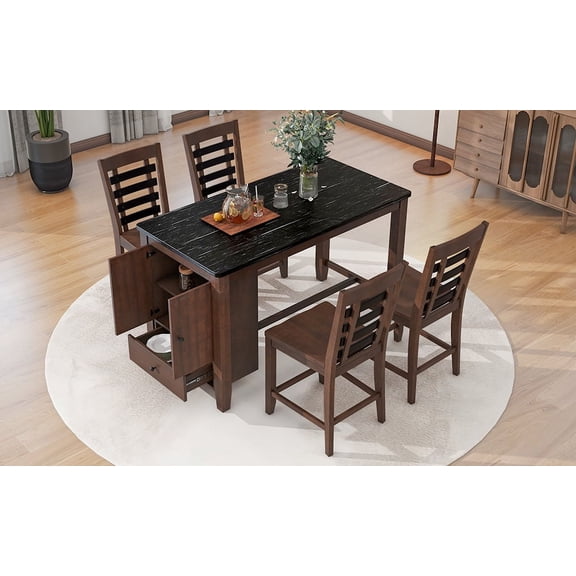 HighSound 5-piece Dining Table Set with Faux Marble Tabletop, Solid Wood Table Set with Storage Cabinet and Drawer, Dark walnut