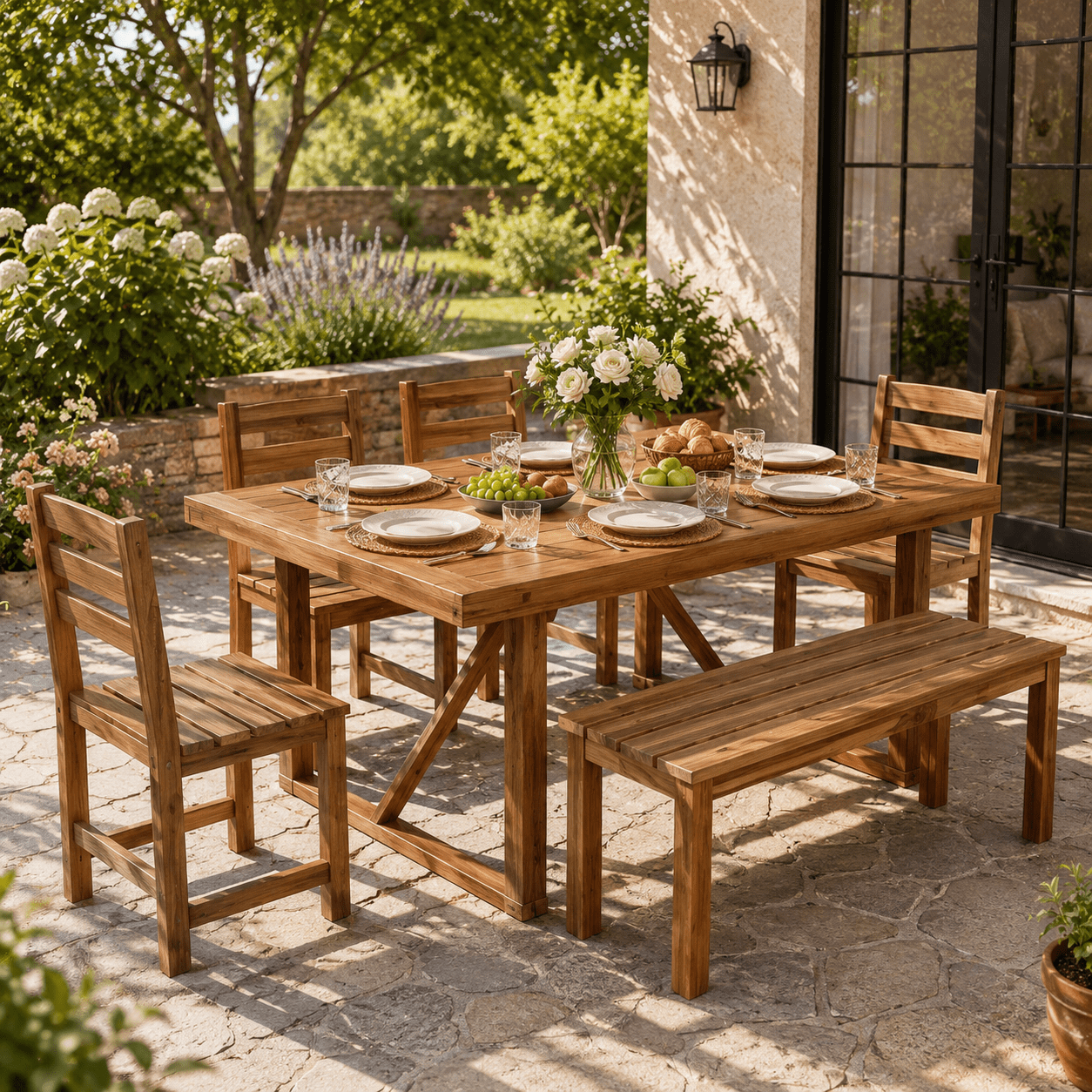 HighSound 6-Piece Outdoor Acacia Wood Dining Set, Patio Table and Chairs Set with Bench for 6-7 People, Outdoor Dining Furniture Set for Garden, Backyard and Poolside, Brown