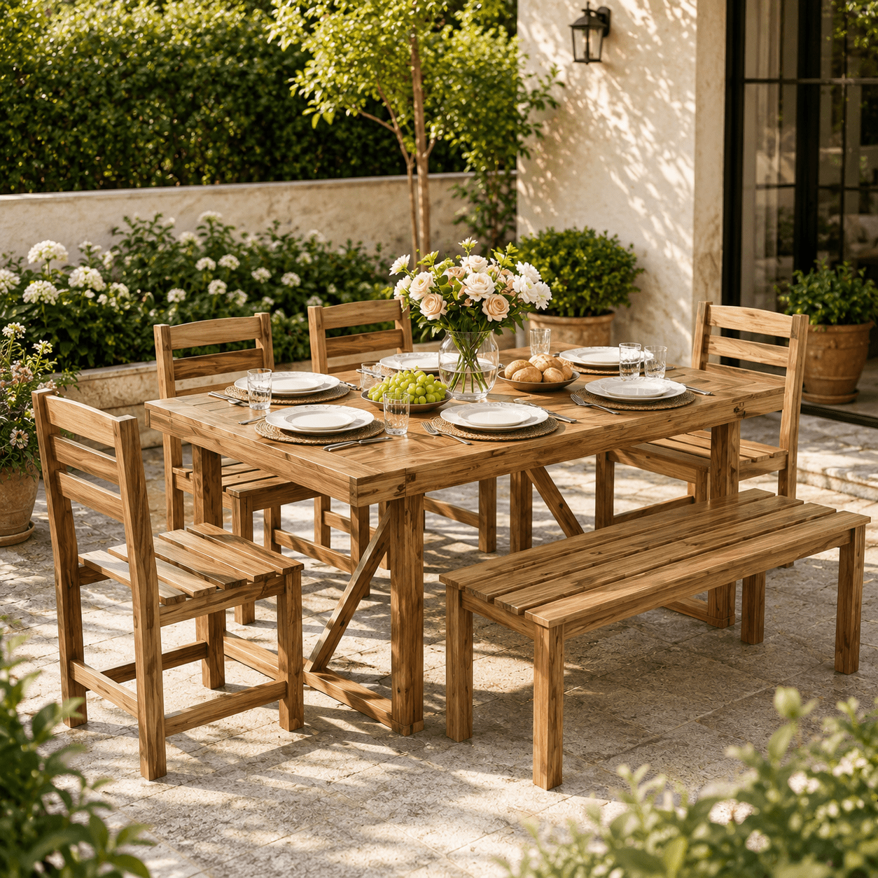 HighSound 6-Piece Outdoor Acacia Wood Dining Set, Patio Table and Chairs Set with Bench for 6-7 People, Outdoor Dining Furniture Set for Garden, Backyard and Poolside, Natural
