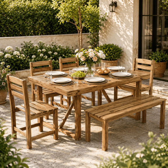 HighSound 6-Piece Outdoor Acacia Wood Dining Set, Patio Table and Chairs Set with Bench for 6-7 People, Outdoor Dining Furniture Set for Garden, Backyard and Poolside, Natural