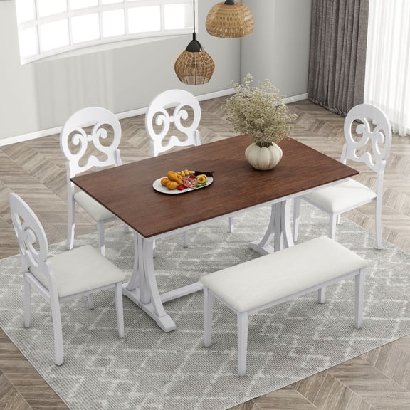 HighSound 6-Piece Trestle Table Set with Victorian Round Upholstered Dining Chairs and Long Bench, Cherry+Antique White