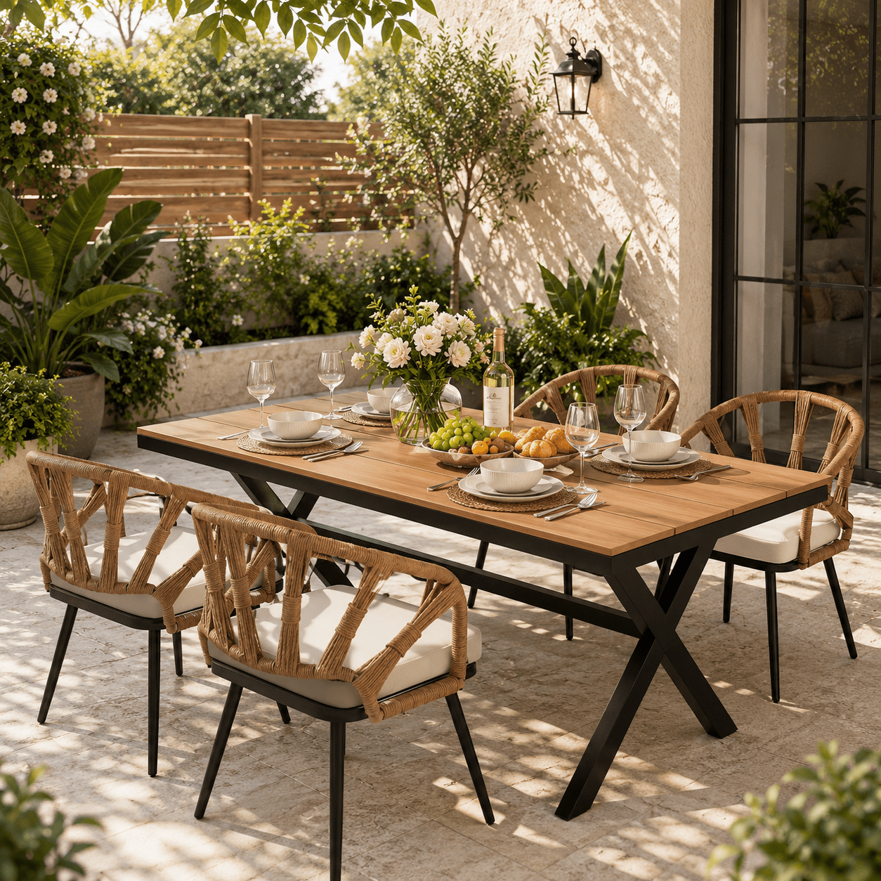 Highsound Outdoor Dining Set with Plastic Wood Table & 4 Chairs, Weather-Resistant Patio Furniture for Garden, Lawn, Dark Yellow
