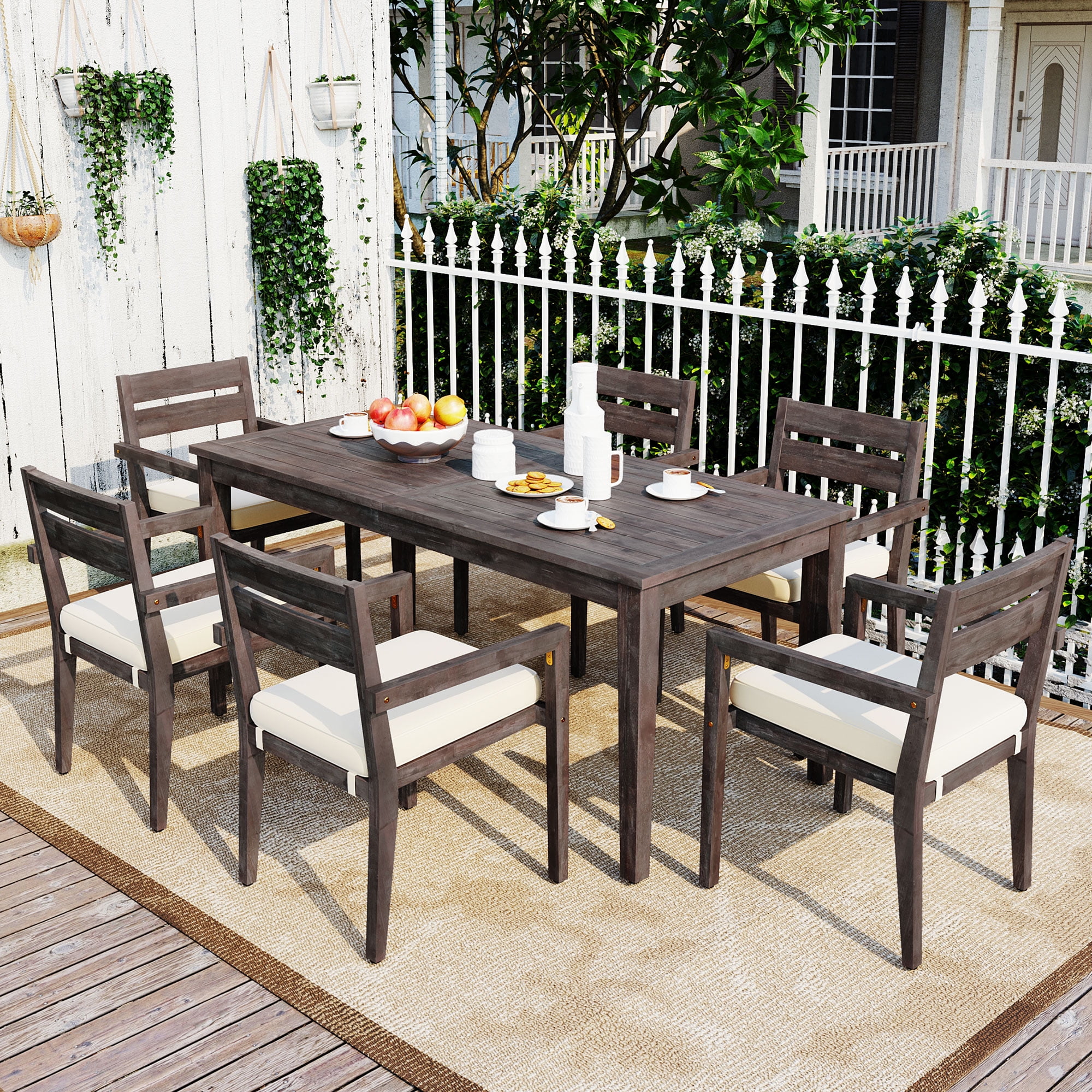 HighSound 7 Piece Patio Dining Set, Outdoor Acacia Wood Furniture Set, Patio Table and 6 Arm Chairs w/Removeable Fabric Cushion, Gray