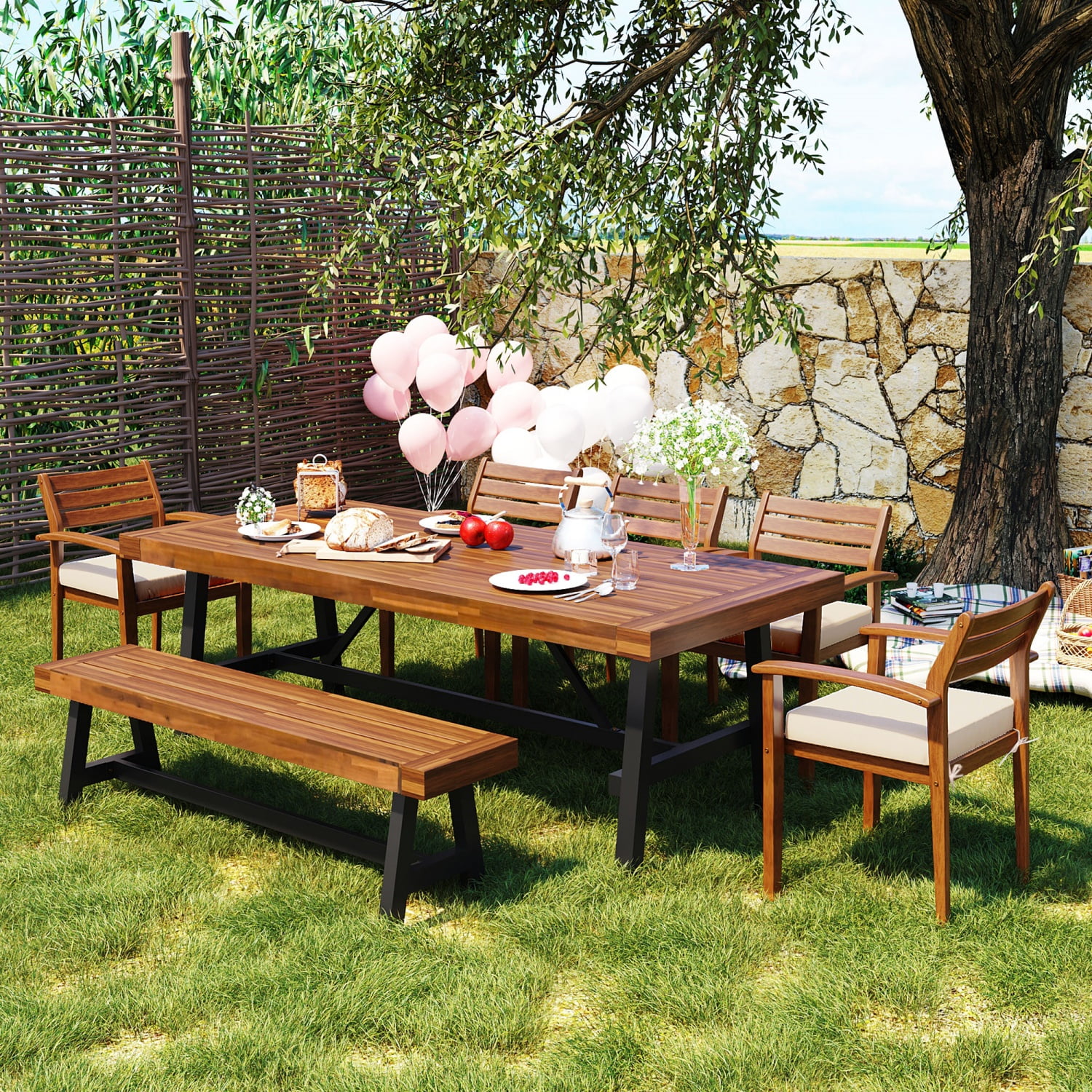 HighSound 7 Piece Outdoor Wood Dining Set, Patio Dining Table with Bench & Chairs for 7-8 Persons, Garden Club Dining Set for Backyard, Natural