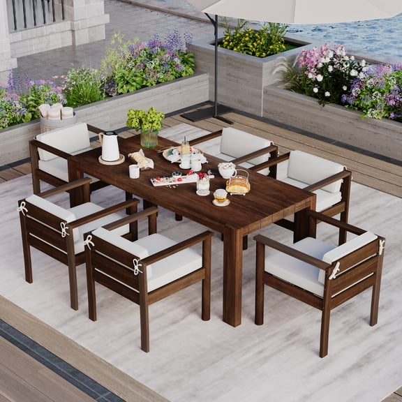 HighSound 7 Piece Patio Dining Set, Outdoor Acacia Wood Furniture Set with Umbrella Hole, Rectangular Table and 6 Chairs w/Removeable Fabric Cushion, Mocha