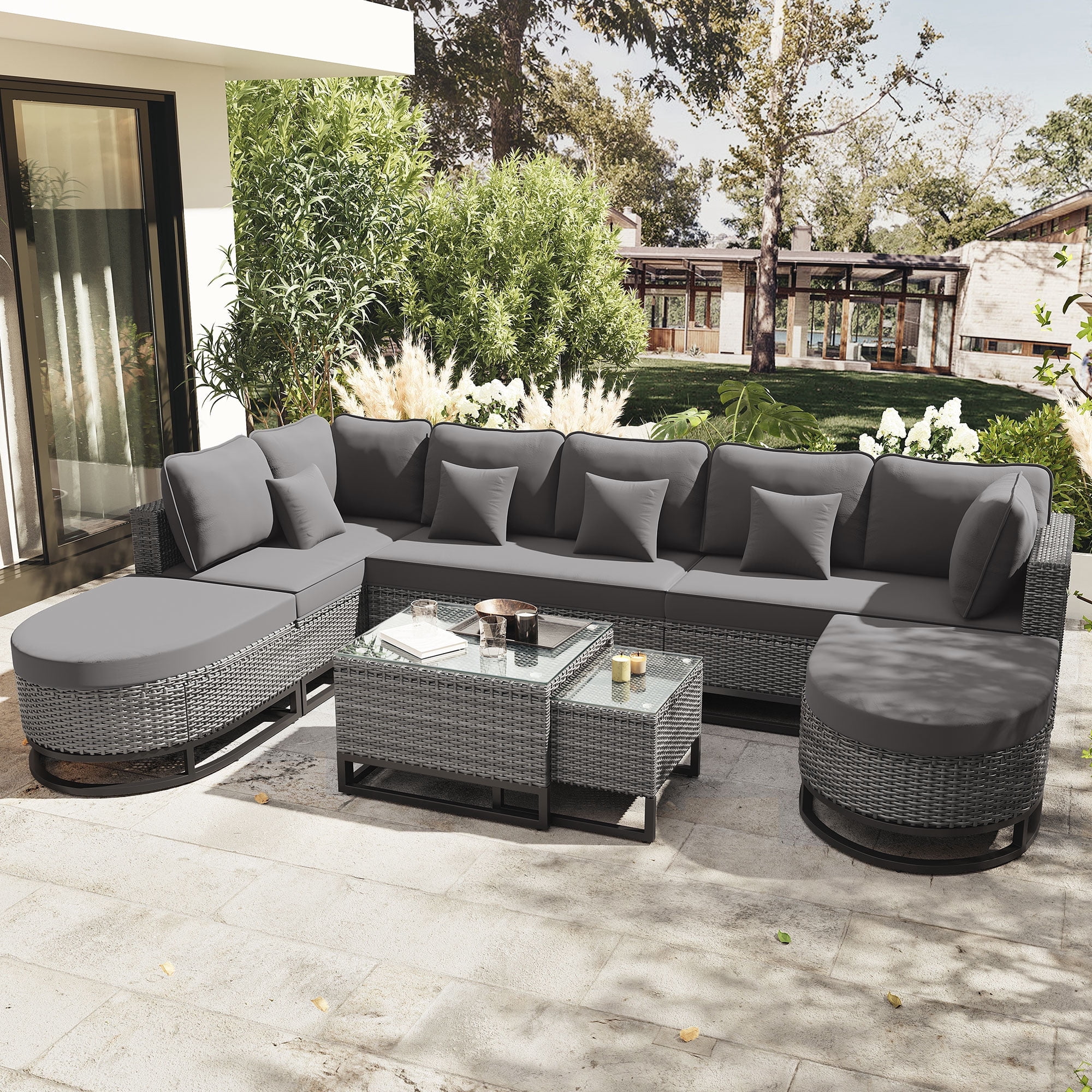HighSound 7 Piece Patio Furniture Set, All-Weather Outdoor Wicker Sectional Conversation Sofa Rattan Patio Seating Sofa with Cushion, Glass Tables and Ottomans for Porch Poolside, Gray