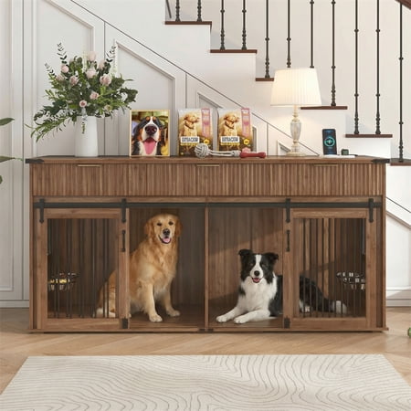 YIORTWO 71'' Double Dog Crate Furniture with 3 Drawers, Power Outlet & Rotating Feeders, Heavy Duty Wooden Dog Kennel with Walnut Tabletop for Large Dogs