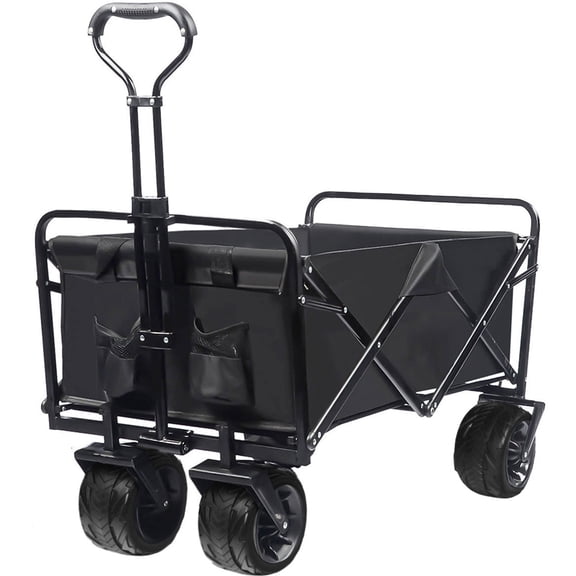 HighSound Collapsible Heavy Duty Beach Wagon Cart Outdoor Folding Utility Camping Garden Beach Cart with Universal Wheels Adjustable Handle Shopping (Black)