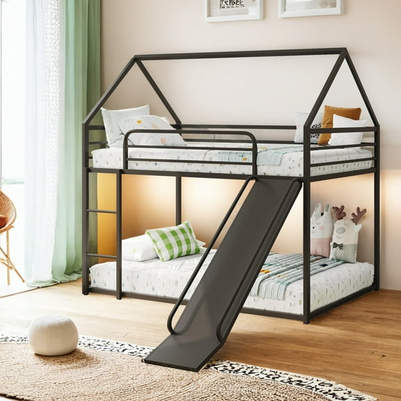 HighSound Metal House Bunk Bed with Convertible Slide, Ladder and Safety Guardrail, Heavy Duty Metal Low Bunk Bed with House Shape & Roof, Black
