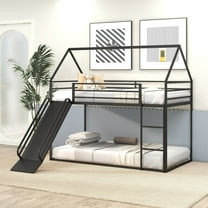 HighSound Metal House Bunk Bed with Convertible Slide, Ladder and Safety Guardrail, Heavy Duty Metal Low Bunk Bed with House Shape & Roof, Black