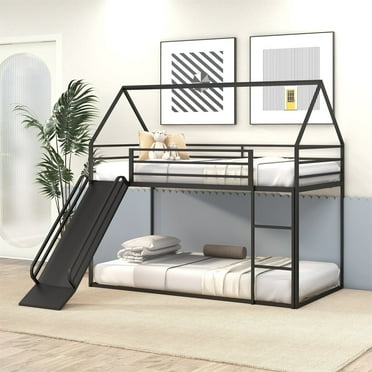 HighSound Metal House Bunk Bed with Convertible Slide, Ladder and Safety Guardrail, Heavy Duty Metal Low Bunk Bed with House Shape & Roof, Black