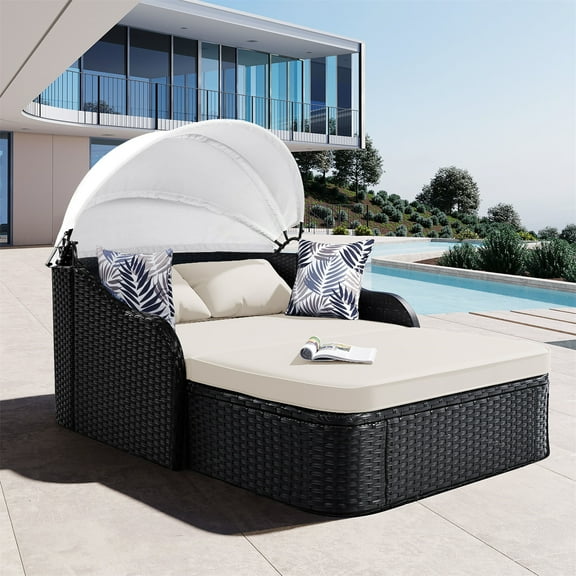 HighSound Outdoor Daybed, Patio Daybed with Retractable Canopy, High-Resilient Soft Cushions, 2-Person Lounge Bed, Outdoor Bed Loveseat for Garden, Backyard, Porch, Beige