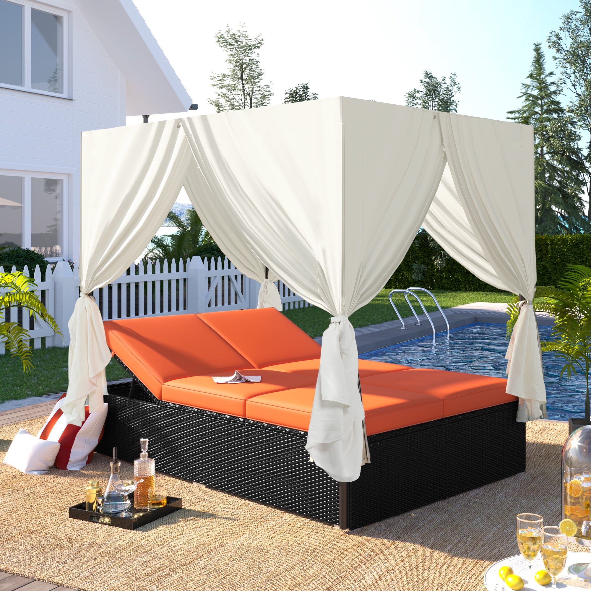 YIORTWO Outdoor Double Chaise Lounge Daybed with Curtains, Adjustable Backrest & Footrest, Steel Frame Loveseat Sofa for Backyard Poolside, Orange