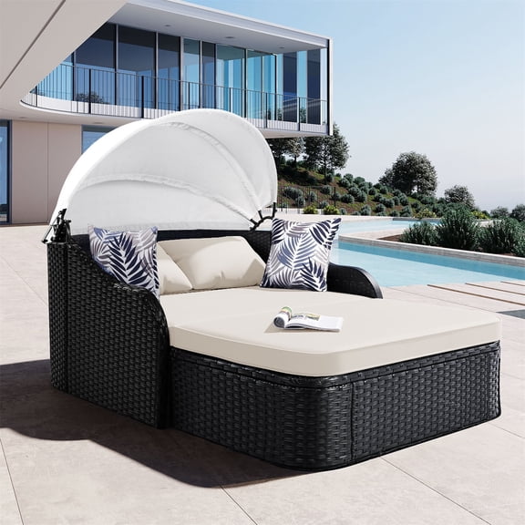 HighSound Outdoor Daybed, Patio Daybed with Retractable Canopy, High-Resilient Soft Cushions, 2-Person Lounge Bed, Outdoor Bed Loveseat for Garden, Backyard, Porch, Beige