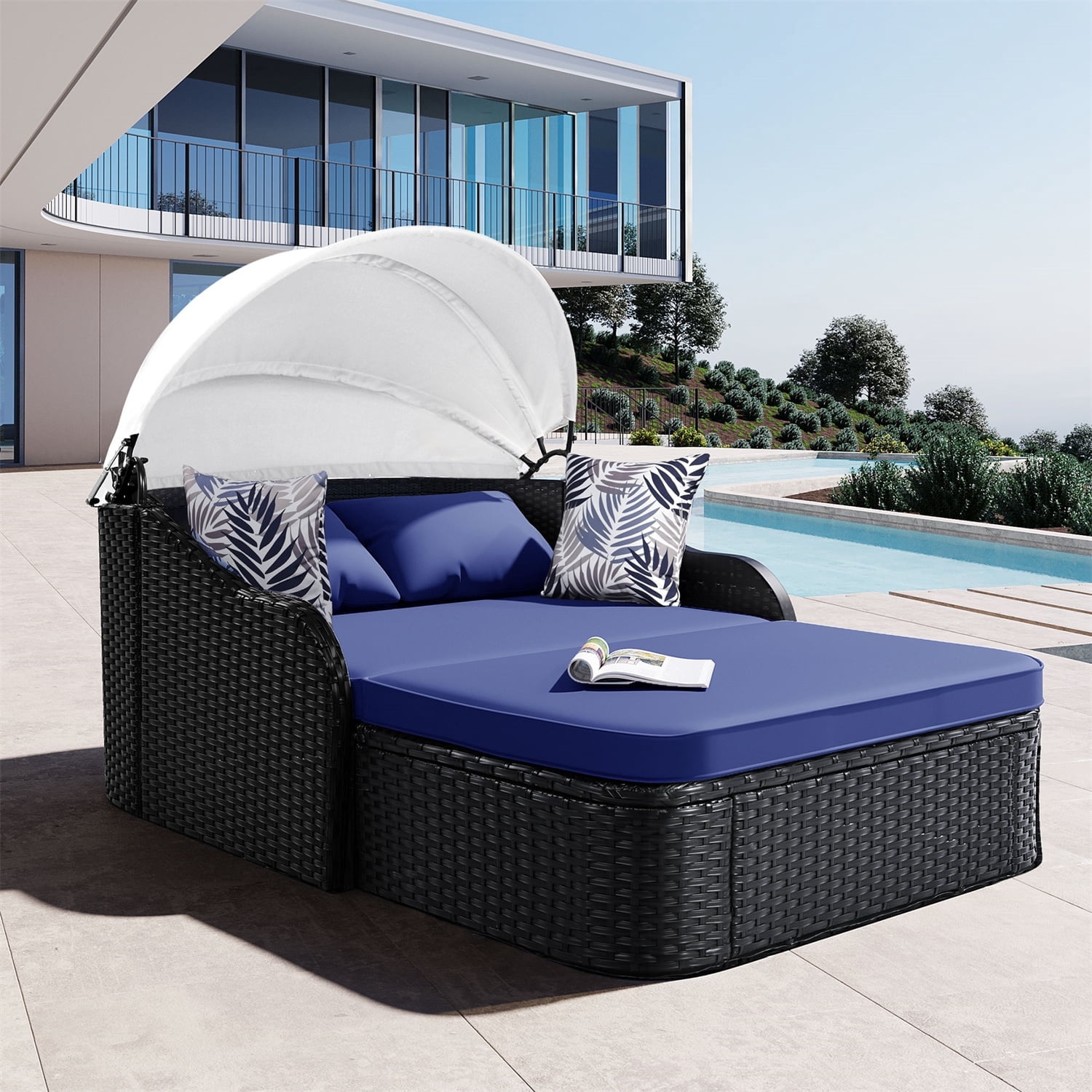 HighSound Outdoor Daybed, Patio Daybed with Retractable Canopy, High-Resilient Soft Cushions, 2-Person Lounge Bed, Outdoor Bed Loveseat for Garden, Backyard, Porch (Blue)