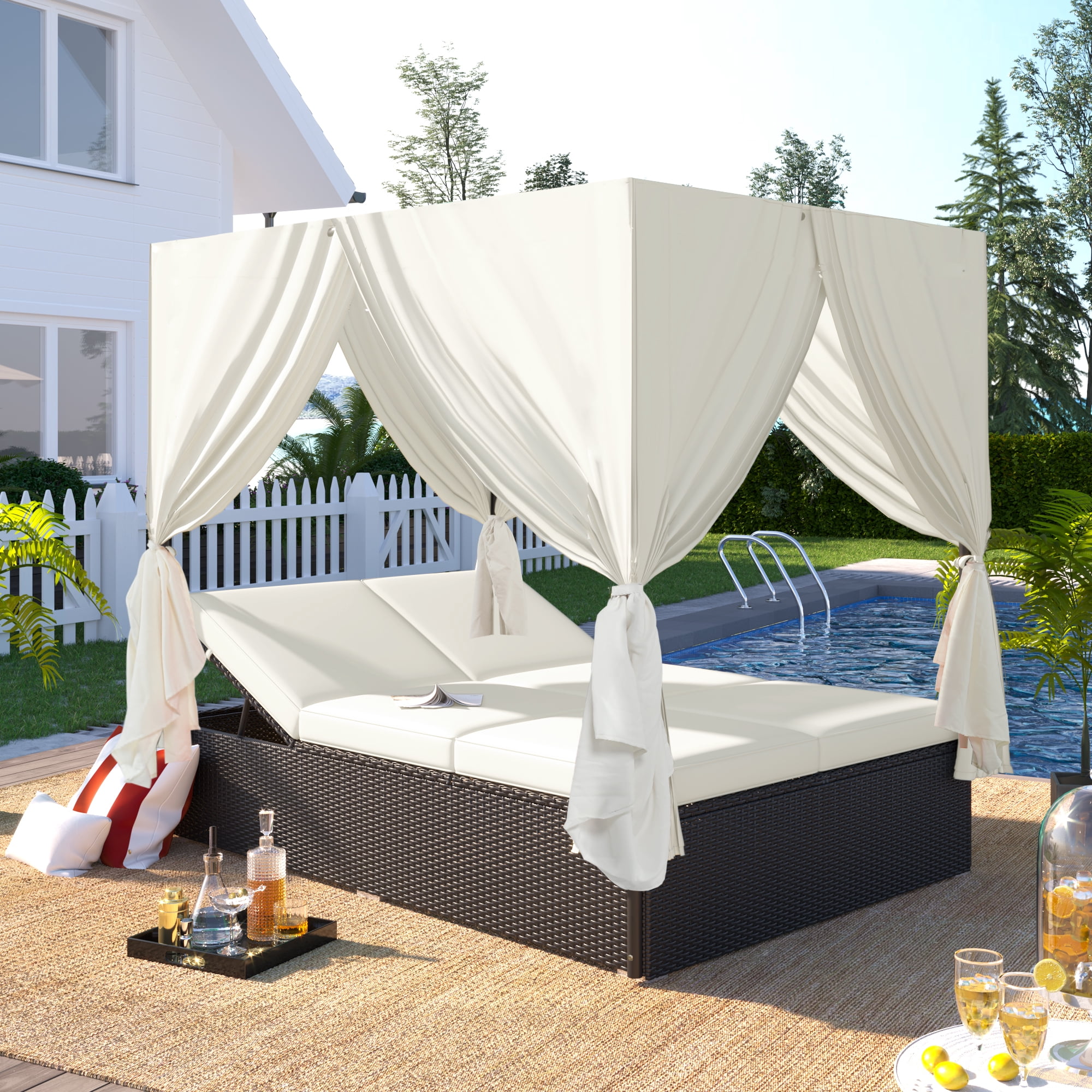 YIORTWO Outdoor Double Chaise Lounge Daybed with Curtains, Adjustable Backrest & Footrest, Steel Frame Loveseat Sofa for Backyard Poolside, Beige