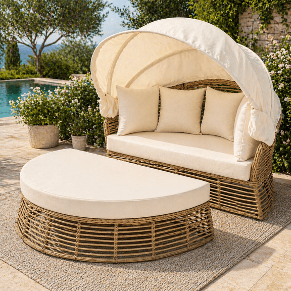 HighSound Outdoor Patio Daybed with Retractable Canopy, Wicker Furniture Poolside Sofa Sunbed, Convertible Daybed with Removable Cushions for Backyard, Porch, Lawn, Garden, Beige Cushions