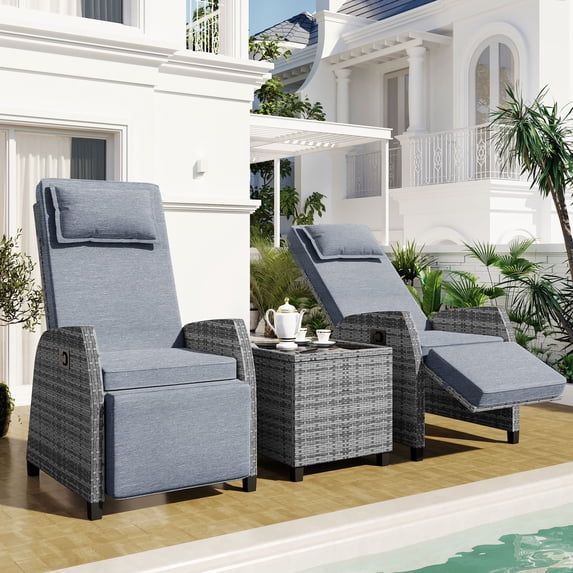 HighSound Outdoor Wicker Chaise Lounge Chair Set, Rattan Adjustable Reclining Patio Lounge Chair with Adjustable Backrest and Storage Table, for Patio Beach Pool Backyard, Gray Cushion